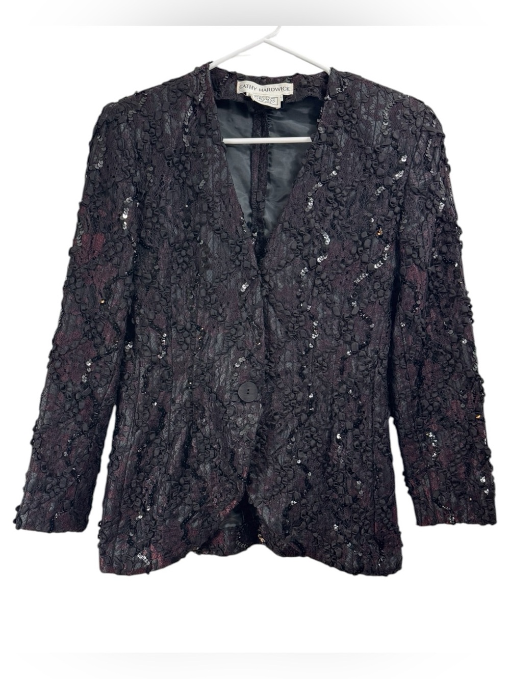 Vintage Cathy Hardwick Blazer Jacket Burgundy Lace Black Sequins Ribbon Vampy